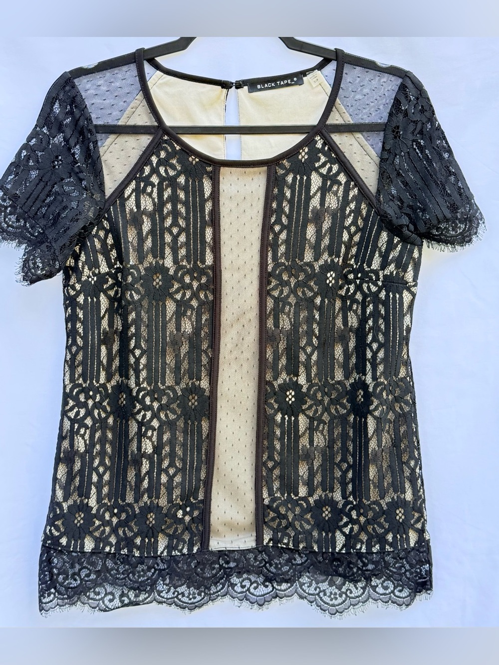 Black Tape Petite Lace Illusion Mesh Top Black & Nude Floral Size SP